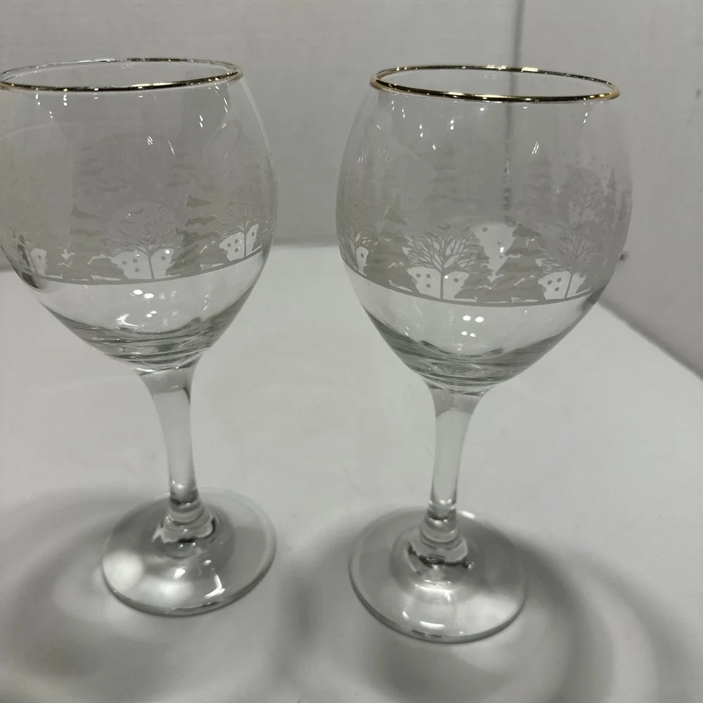 Christmas‎ Etched Crystal Glass Wine Water Stemware Gold Rimmed Glasses-Set of 2